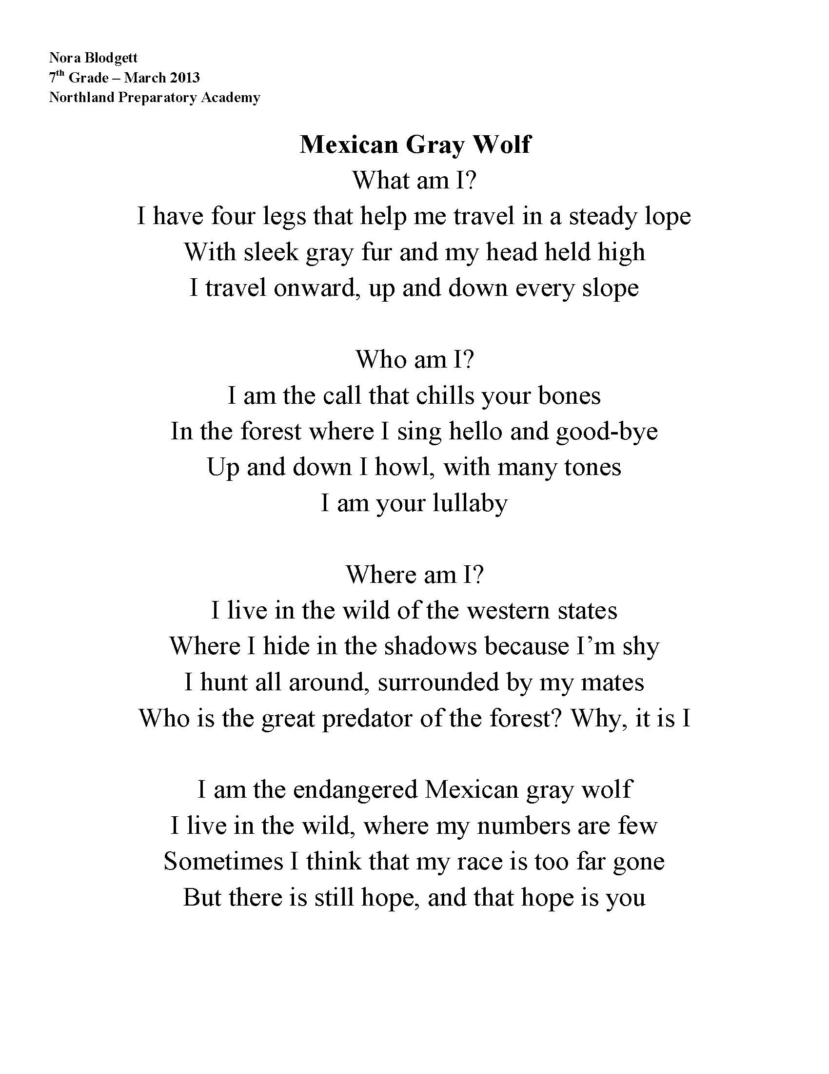 Mexican gray wolf poem by Nora Blodgett
