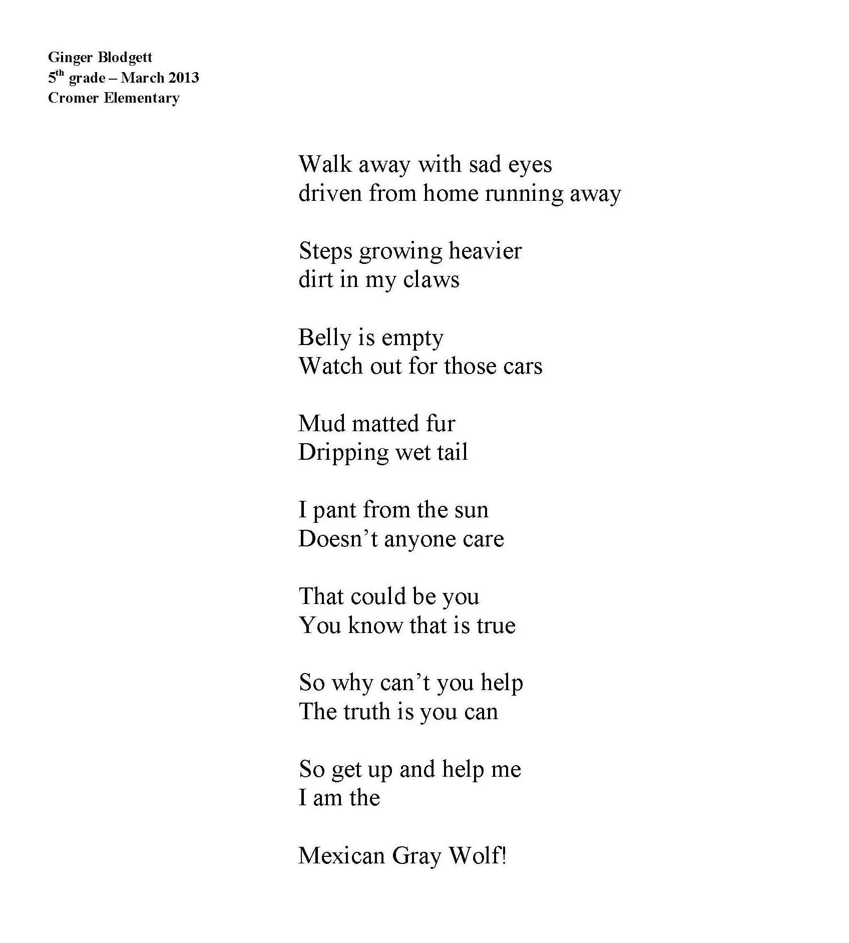 Mexican wolf poem by Ginger Blodgett
